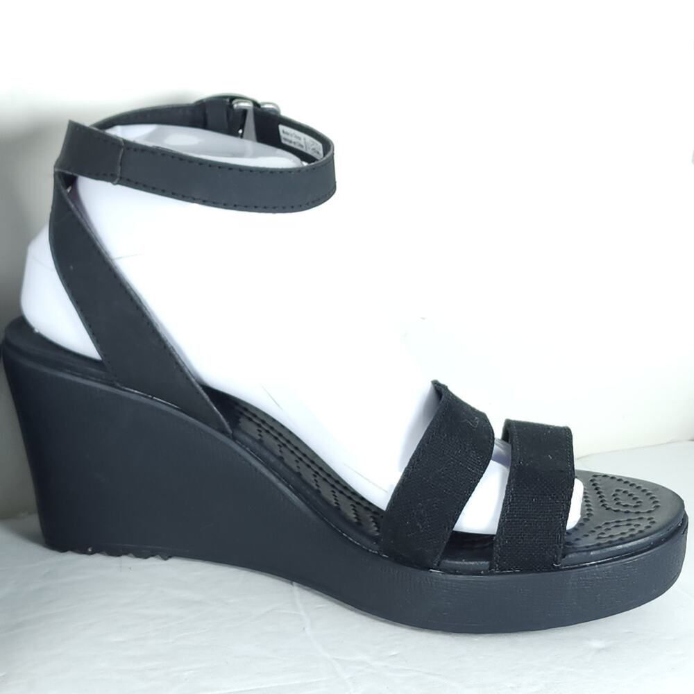 Crocs Women's Leigh II US 10 Black Canvas Ankle Strap Wedge Comfort Sandals NWT - Picture 7 of 16